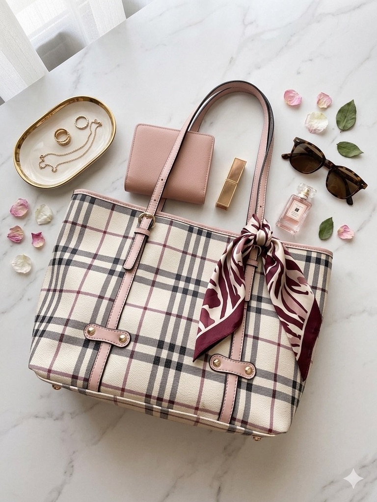 Plaid Tote with Scarf